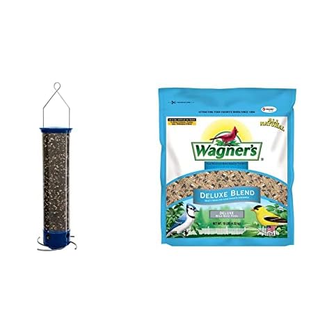 Droll Yankees Whipper Squirrel-Proof Bird Feeder with Collapsible Perches, 5-Pound Seed Capacity, Blue & Wagner's 13008 Deluxe Wild Bird Food, 10 lb Bag Cover