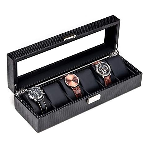 FGDFGDFEEGVD 6- Watch Box, Watch Box Display Case for Men,carbon Fiber Design with Glass Top Display Organizer( Black) Cover