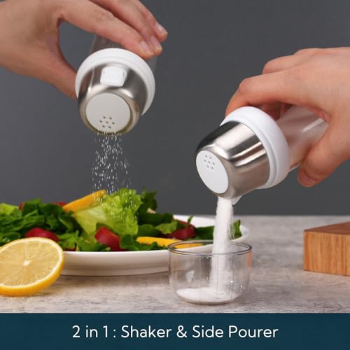 Image of KTCHENDAO 2 in 1 Glass Salt Shaker with Side Pour Spout, Built-in Lid to Slow Down Dampness with Mearsuring Marks, Elegant Borosilicate Glass Salt Dispenser for Kitchen, BPA Free, 4oz (White)