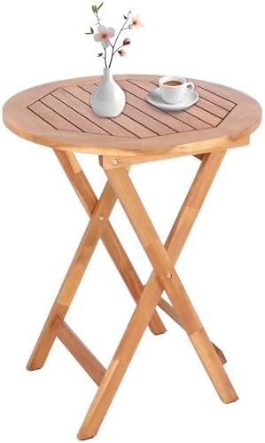 VICTORY RELAX Acacia Wood Round Table, Foldable Waterproof Large, Collapsible Rustic Outdoor Wooden Coffee Tables for Patio Lawn Deck Balcony Bathroom-Natural