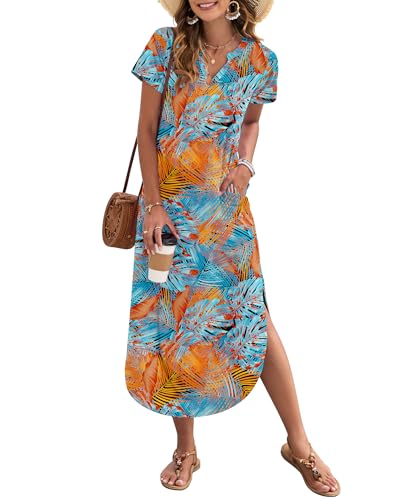 Image of MISFAY Women's Summer Maxi Dress 2026 Casual Short Sleeves V Neck Loose Sundress Split Long Beach T Shirt Dress