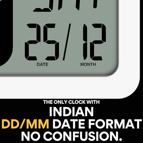 Image of Large Digital Wall Clock 14 Inch - Battery Operated (No Wires), Big Display with Alarms, Day & Date (Indian Format), Room Temperature -Plastic,White