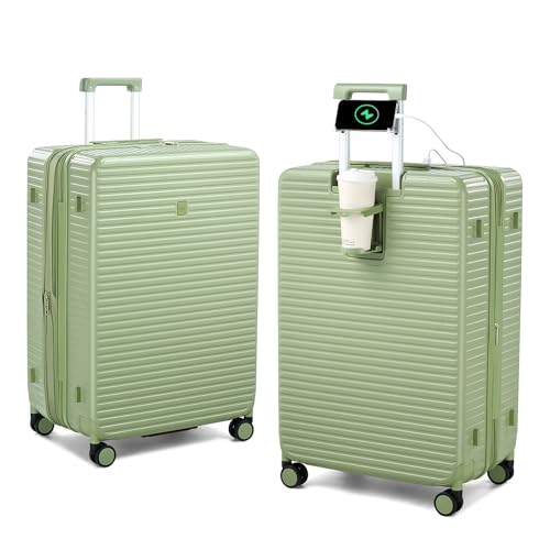 HanTrip 28 Inch Luggage Hard Shell Suitcases, Expandable Travel Checked Luggage 28 Inch, Large Check In Luggage with Spinner Wheels Cup Holder Charger Built in Lightweight Suitcase, Bamboo Green