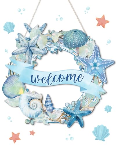 Putuo Decor Beach Wreaths - Ocean Welcome Sign, Wood Material, Summer Beach Decor for Front Door, Sea Turtle Design