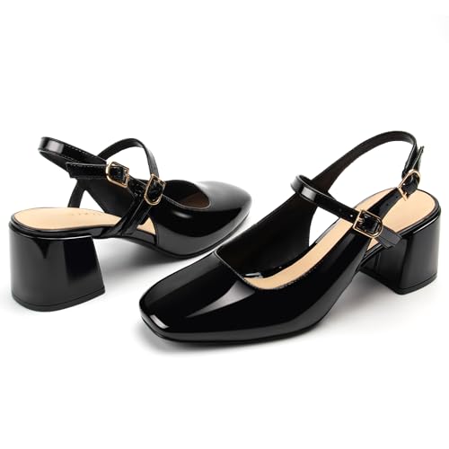 Image of AprCoco Womens Mary Jane Chunky Low Block Heels Pumps Square Toe Buckle Strap Wedding Party Dress Shoes