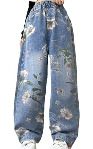 Kids Girls Jeans Elastic Waist Streetwear Denim Baggy Wide Leg Jeans Straight Pants