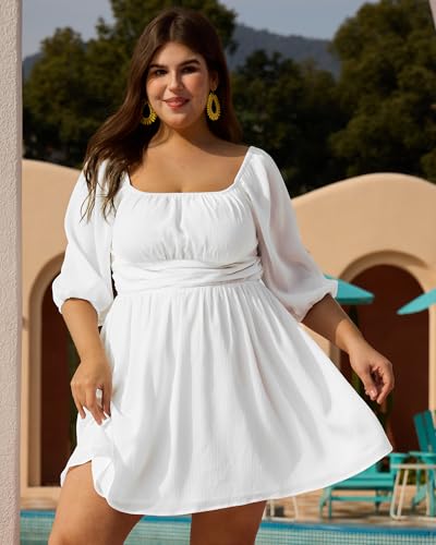 Women Plus Size White Dress Square Neck Elegant Bow Tie Empire Waist Vacation Flowy Wedding Guest Dress New2