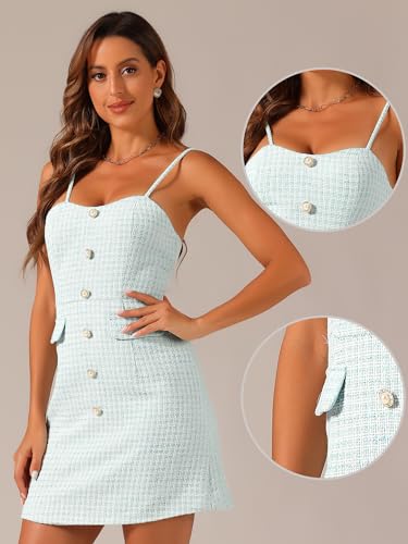 Image of Allegra K Plaid Dress for Women's Button Decor Spaghetti Strap Tweed Dresses