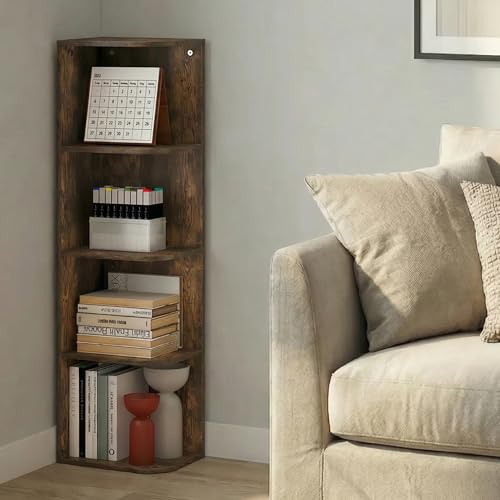 Image of Furinno PASIR Book Shelf, 4-Tier Corner Bookshelf with Open Shelf, Standing Bookcase, 9.3 x 12 x 41.4, for Organization and Storage, for Living Room, Bedroom, Home Office, Amber Pine