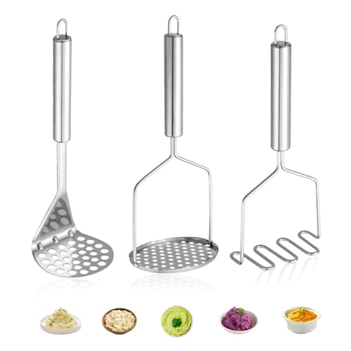 Machacador de patatas, 3 unidades, acero inoxidable, triturador de verduras, triturador de patatas, triturador de patatas, herramienta de cocina para puré de patatas, aguacate, frijoles, 24 x 10 cm