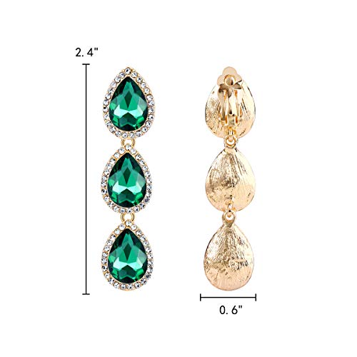 Elequeen Women's Gold-Tone Austrian Crystal Teardrop Pear Shape 2.4 Inch Long Clip-On Dangle Earrings Emerald Color #TOP2