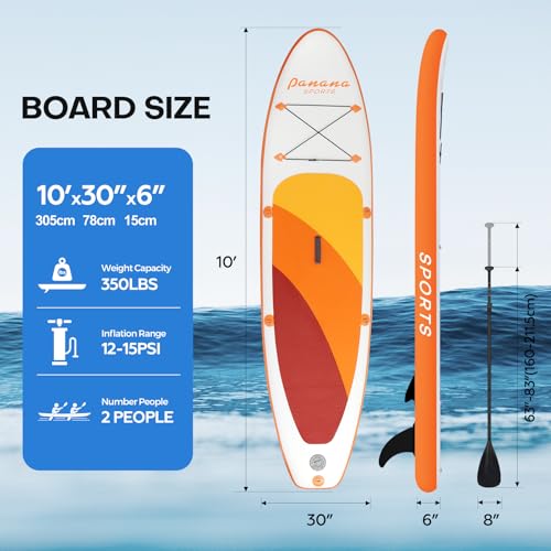 Panana Inflatable Stand Up Paddle Board 10'x30’’x6’’, Premium Surfing Board Kit for Youth & Adults, SUP with Adjustable Paddle Hand Pump Fin Leash Backpack (10’x30’’× 6’’-Orange)