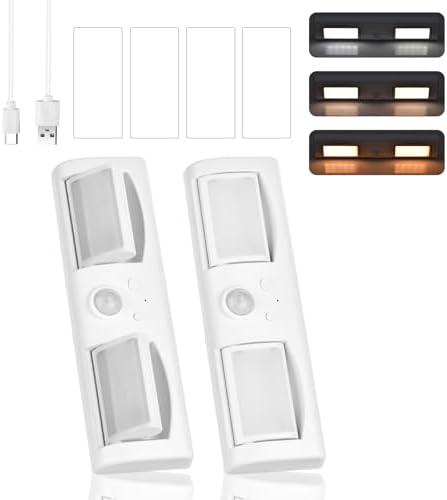 Motion Sensor LED Closet Lights, Three Color Temperatures Stepless Dimming Under Cabinet Lighting, Rotatable Adjustable Angle Wireless Under Counter Lamp for Kitchen