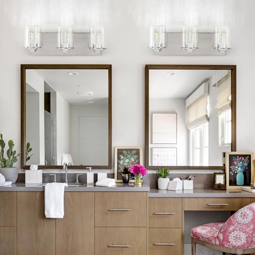 Image of SineRise Bathroom Vanity Light with 3 Color Modes (3000K /4000K /6000K), Eye Protection LED Bathroom Light Fixture, Dimmable Modern Wall Light Over Mirror with Clear Glass Shade (Nickel, 3-Light)