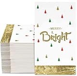 100 Christmas Guest Napkins 3 Ply Disposable Paper Holiday Guest Towels Featuring Merry and Bright in Gold Foil with Christmas Trees in Red, Green and Gold