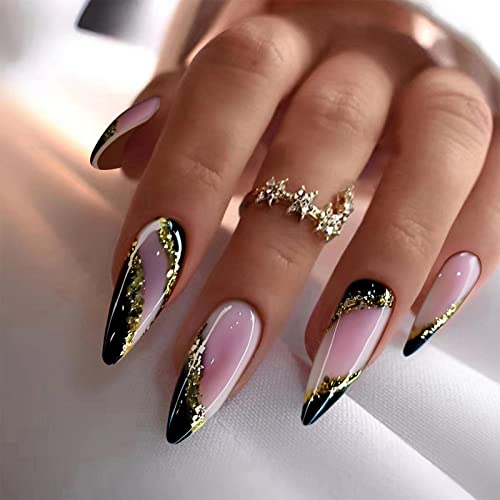 Black Press On Nails Medium Length Almond False Nails With Glue On Nails Black&Gold Foil Designs French Tip Press On Nails Artificial Acrylic Fake Nails Glossy Stick On Nails For Women Girls #TOP1