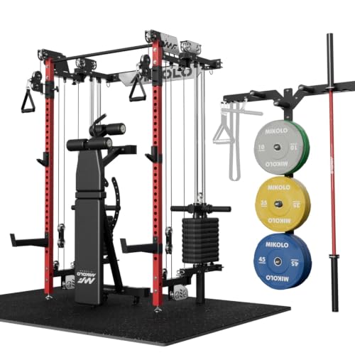 Image of Mikolo Folding Squat Rack, Wall Mounted Power Rack with Cable Crossover Machine & LAT Pull Down, Functional Trainer with 5 Adjustable Function Modes, Home Gym Package