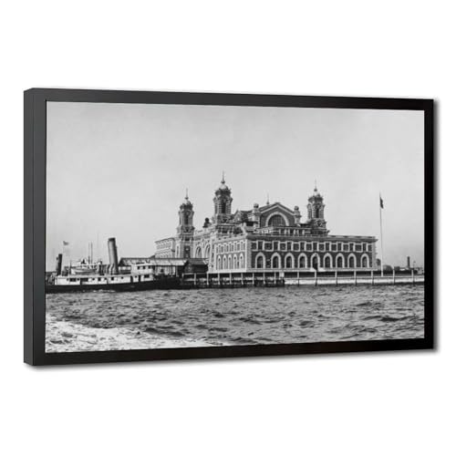 Toile vintage Ellis Island New York 1918 pour un salon ou un bureau élégant