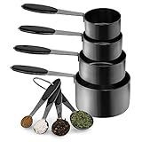 Country Kitchen 8-Piece Gunmetal Measuring Cups and Measuring Spoon Set Stainless Steel with Soft Touch Silicone Handles, Nesting Liquid Measuring Cup Set or Dry Measuring Cups Set (Black)