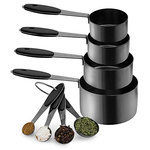 Country Kitchen 8-Piece Gunmetal Measuring Cups and Measuring Spoon Set Stainless Steel with Soft Touch Silicone Handles, Nesting Liquid Measuring Cup Set or Dry Measuring Cups Set (Black)