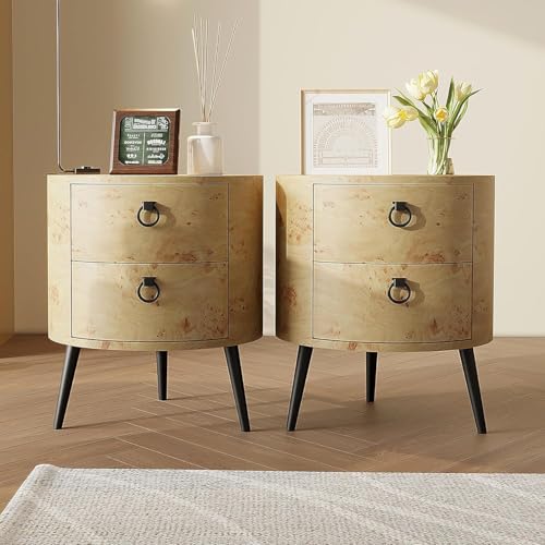 IdealHouse Table d'appoint Ronde Moderne avec 2 tiroirs – Plateau en Bois, Pieds métalliques – Table de Chevet élégante, Rangement spacieux pour Salon...