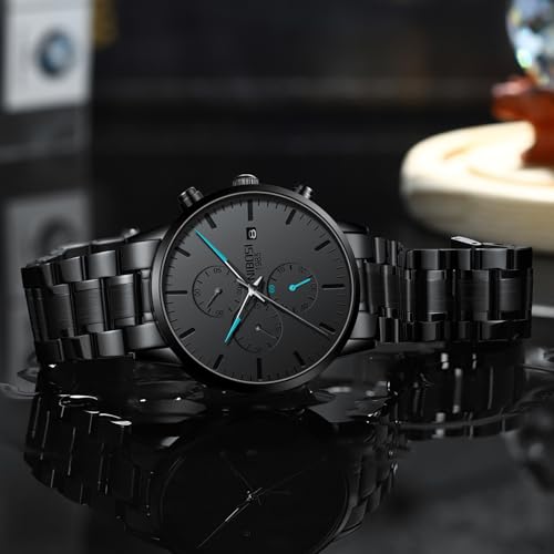 Image of NIBOSI Men's Watches Analog Minimalist Black Dial Watch for Man Business Chronograph Casual Watches Stainless Steel Strap Date