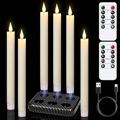 Image of Rechargeable Flameless Taper Candles with Charging Base, Real Wax Rechargeable Candles with Remote Timer, LED Flameless Candlesticks for Home Halloween Christmas Wedding Decor(Ivory, 6Pcs)