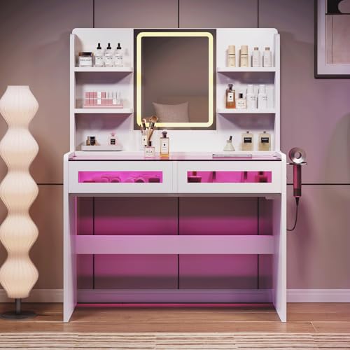 CollaredEagle Vanity Desk with LED Lights Mirror & Power Outlet,