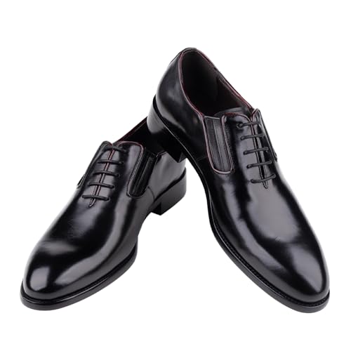 Image of Men's Plain Toe Whole Cut Oxford Dress Shoes Polished Full Grain Leather Closed Lacing 5 Pairs Eyelets Lace Up Formal Suit Shoes for Business Wedding Groom Prom Black Tie Events