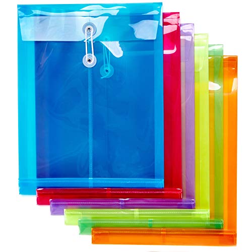 6 Pack Plastic Envelopes Poly Envelopes Expandable Files Document Folders with Button & String Tie Closure - Letter A4 Size - 1-1/4 Inch Expansion - for School Office & Home (Assorted Color)
