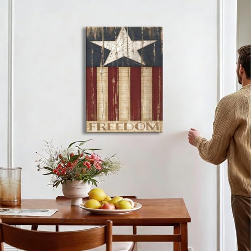 Image of Rustic Patriotic Freedom Flag Canvas Art 12x18in, Vintage American Flag Wall Decor, 4th of July Independence Day Framed Prints, Artwork for Home, Kitchen & Office, Made in USA