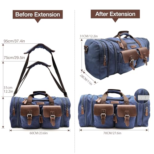 Image of Wildroad 60L Travel Duffel Bag, Expandable Canvas Genuine Leather Duffle Bag Upgraded Overnight Weekender Bag Carry on Bag