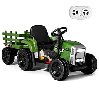 GYMAX Kids Electric Tractor with Detachable Trailer, LED Lights, Music, Horn, USB & Bluetooth, 12V Battery Powered Ride on Car for 3 Years Old + Boys Girls (Dark Green)