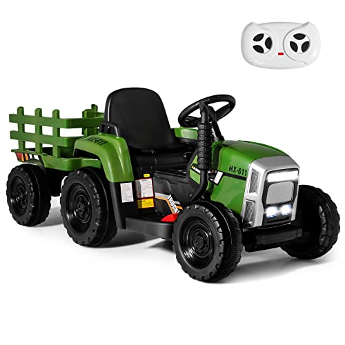 GYMAX Kids Electric Tractor with Detachable Trailer LED Lights Music Horn USB & Bluetooth 12V Battery Powered Ride on Car for 3 Years Old + Boys Girls (Dark Green)