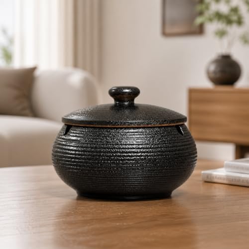 Masroo Ceramic Ashtray with Lids Cigarette Ashtray for Indoor or Outdoor Use Ash Holder for Smokers Desktop Smoking Ash Tray for Home Office Decoration