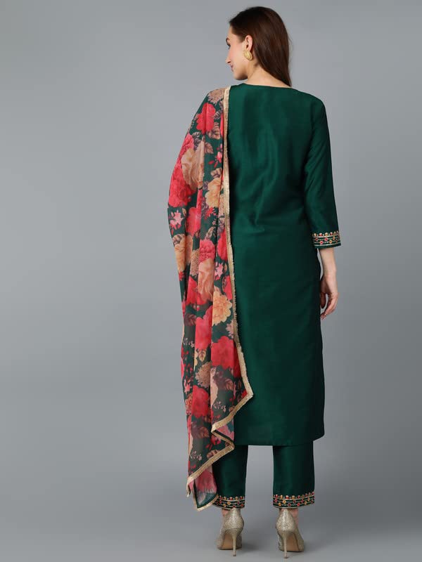 Image of Vaamsi Women's Silk Blend Embroidered Straight Kurta Pant With Dupatta Set