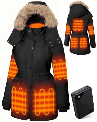 Hecusma Heated Jackets for Women with 18400mAh 12V Battery Pack Included, Parka Womens Heated Jacket with Hood Skating-Black, M