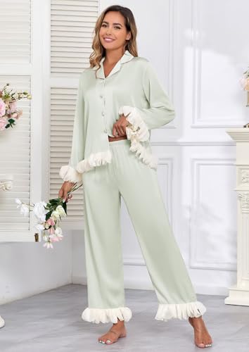 Image of Brosloth Womens Silk Pajamas Set Long Sleeve Satin Button Up Sleepwear | Cute Soft Fall Pjs Sets, Lace 2 Piece Lounge Set, Elegant Bridesmaid Pajama, Skin Friendly Sleepwear for Wedding, Honeymoon