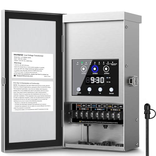 SUNVIE 300W Low Voltage Landscape Transformer 3 Zone Independent Control Outdoor Low Voltage Transformer with Timer & Photocell Sensor 120V AC to 12V/14V AC Waterproof Landscape Lighting Transformer