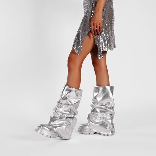 Platform Metallic Heel Fold Over Boots for Women Mid Calf Pull on Shark Boots for Dress Wide Calf Chunky Block High Heel Cyber Punk Rounded Toe Y2K Tacones Zapatos Bootie Silver Size 8 by LISHAN - Image 3