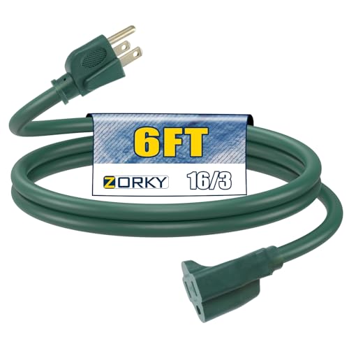 Image of 6ft Outdoor Extension Cord - 16 /3 Heavy Duty SJTW Waterproof Green Electrical Cable with 3 Prong Grounded Plug for Safety, Great for Lawn and Major Appliances