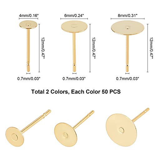 Ph Pandahall 300Pcs Earring Posts, 3 Size Blank Earring Pins Stainless Steel Blank Peg Post Ear Studs Gold Flat Pad Earring Studs For Men Women Jewelry Making Findings 4Mm 6Mm 8Mm #TOP2