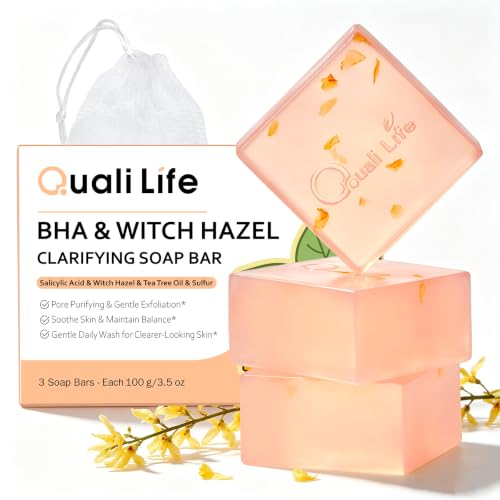 QualiLife Salicylic Acid Bar Soap with Witch Hazel, Pore Clarifying, 3-Pack | Deep Cleansing Exfoliating Bar Soap with Tea Tree Oil & Sulfur, Oil Control, Blemish Care, Gentle Cleanser for Face & Body