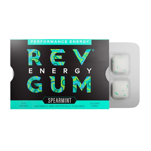 Rev Gum Caffeine Energy Gum | Performance Energy 60mg of Caffeine per Gem | Spearmint Sugar Free Caffeinated Mint Chewing Gum - Low Calorie Chews to Help You Stay Alert, Awake and Focused - 12 Packs (72 Count)