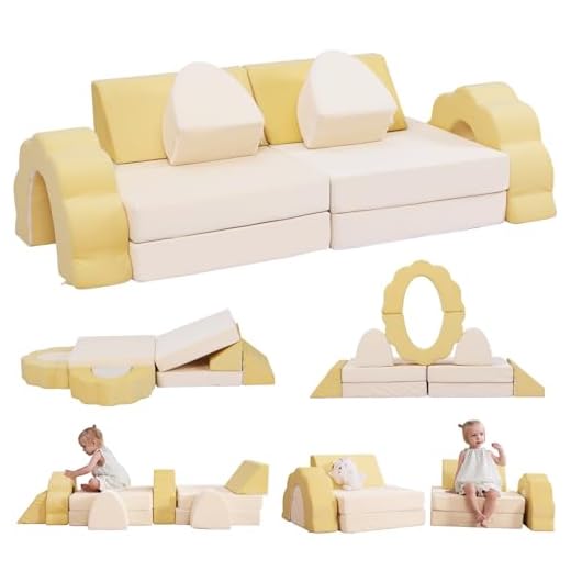 LOAOL Kids Couch 10PCS, Modular Kids Play Couch, Multifunctional Foam Toddler Sofa, Imaginative Convertible Play Sofa for Playroom(Medium Size, Yellow+Beige)