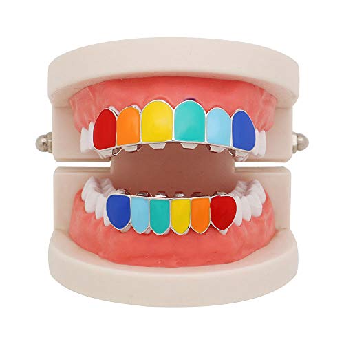 OOCC 18k Gold Rainbow Grillz Vampire Fangs 6 Teeth Top Bottom Set Grills3