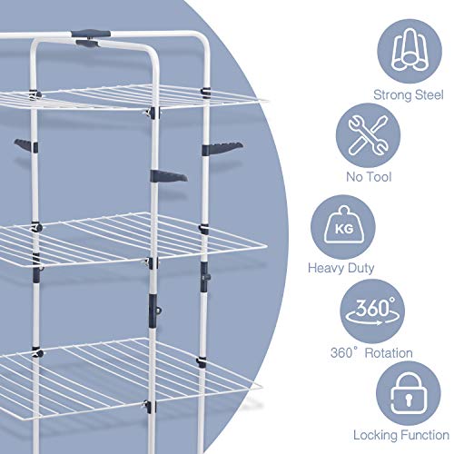 TOOLF Clothes Drying Rack, 3-Tier Collapsible Laundry Rack Stand Garment Drying Station with Wheels and 4 Hooks, Indoor-Outdoor Use, for Bed Linen, Clothing, Socks, Scarves White