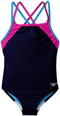 Speedo Big Girls Cross Back Splice 1 Piece, Navy, 12