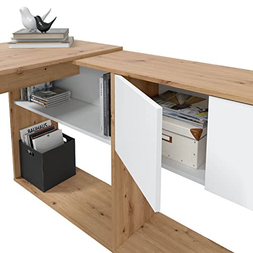 Miniatura 8 de Duehome Mesa-Estantería Reversible De 3 Posiciones, Escritorio, Librería, Modelo Dess, Acabado En Color Roble Nodi Y Blanco Artik, Medidas: 108 Cm Largo X 140 Cm Alto X 70 Cm Fondo