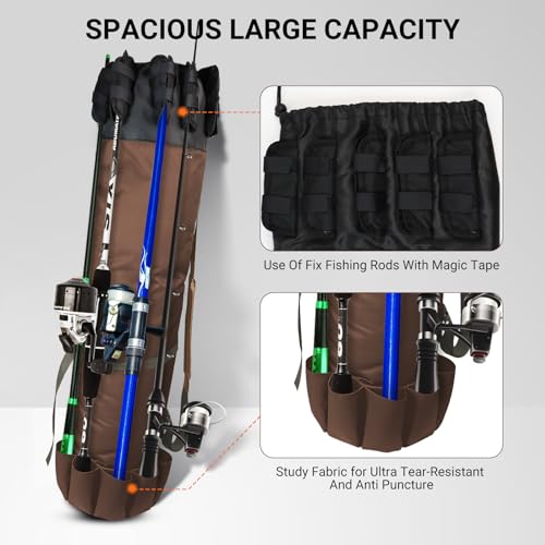 MXiiXM Fishing Rod Bag, Fishing Pole Carrier Case Bag, Durable Oxford Fabric Fishing Bag for Men Fishing Gifts, Portable Fishing Gear and Equipment (Coffee)